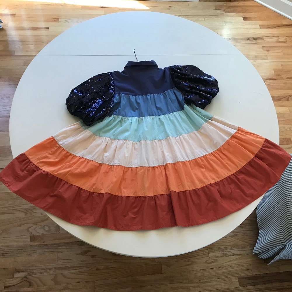 QUEEN OF HEARTS COLOR BLOCK STRIPE SEQUIN PUFF SLEEVE DRESS - Picture 9 of 11